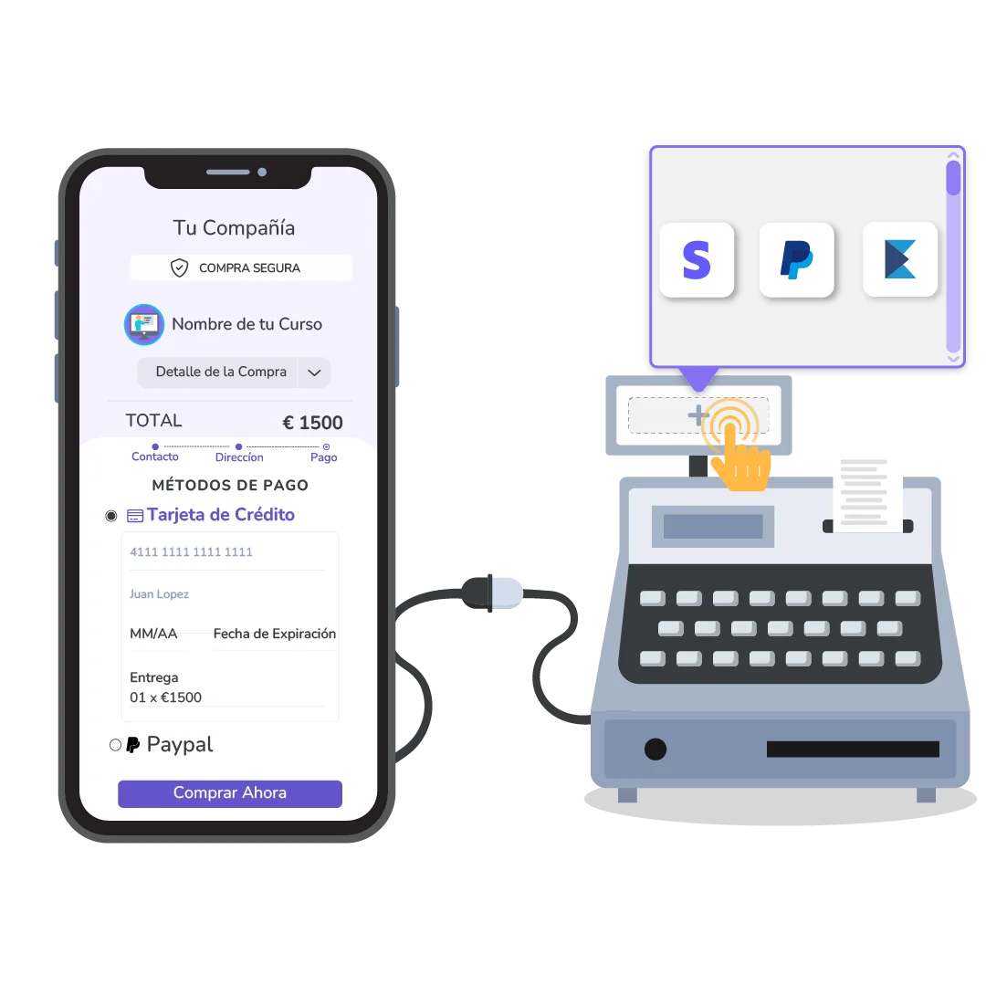 checkout mobile esp de um curso ligado a caixa registradora com icones de diferentes processadores de pagamento